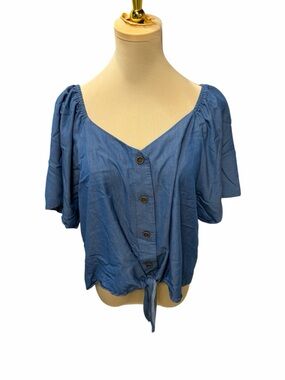 Ava James Blue Tie Front Button Down Blouse XL Lightweight Boho